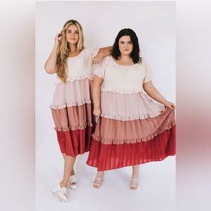 White & Pink Tiered Ruffle Midi Dress